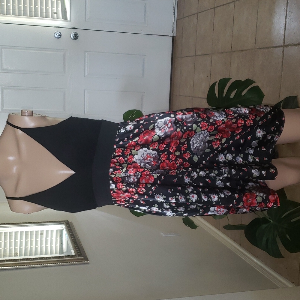 Kiwi s mixed media satin floral skirt surplice neck spaghetti strap mini
